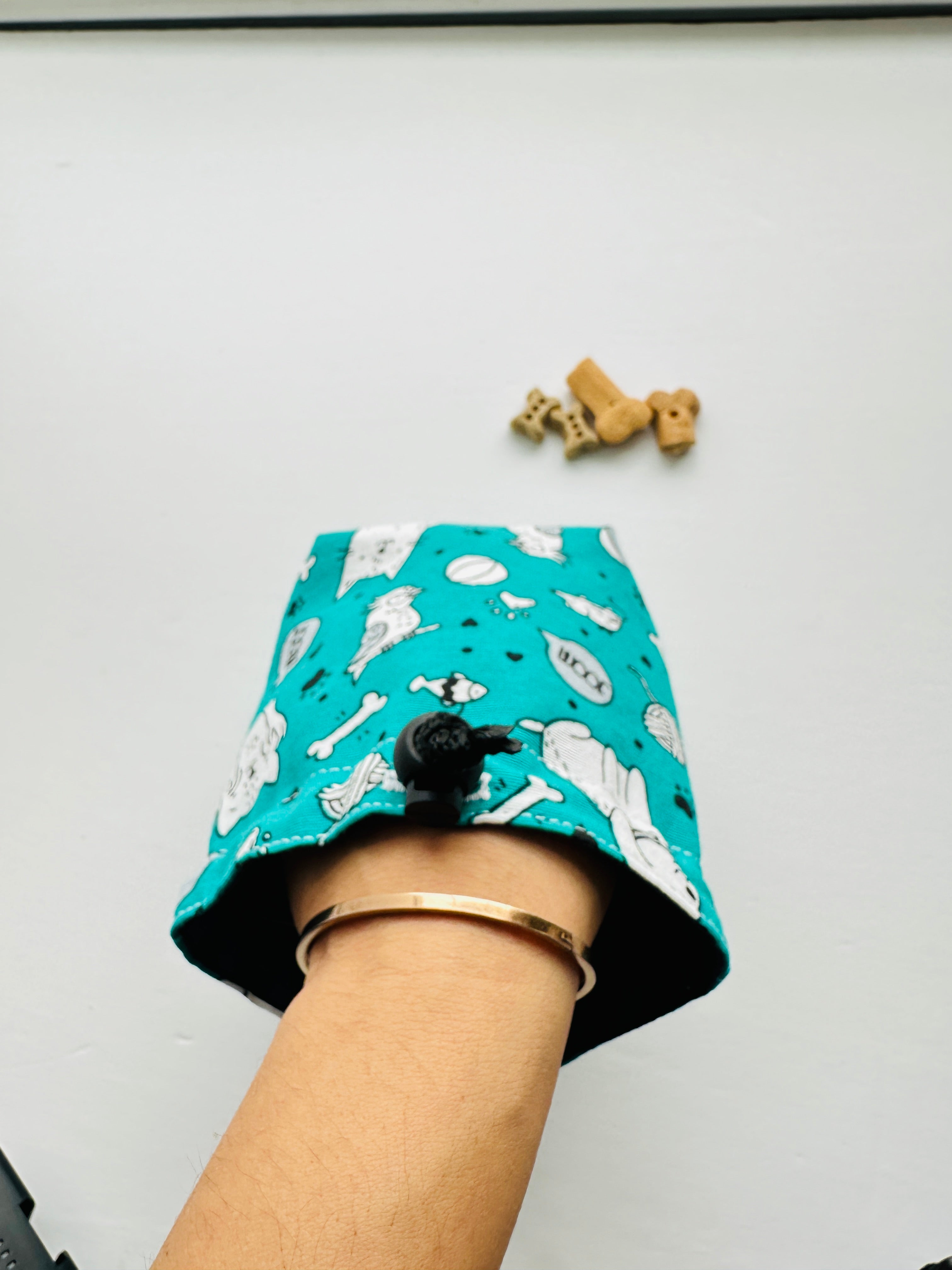 Dog treat holder deep enough for large hand to gran treats